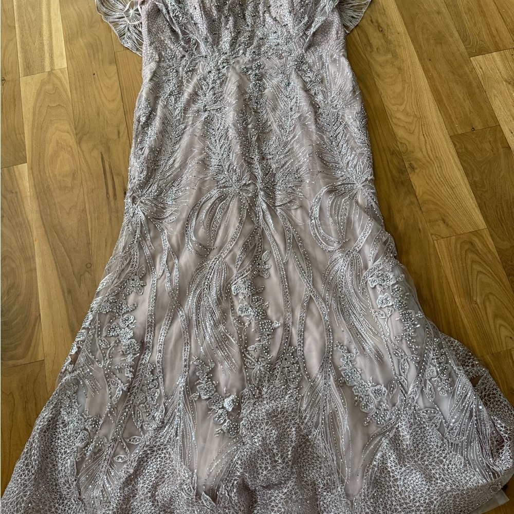 LARA Silver Sequin Embellished Gown with Flutter Sleeves